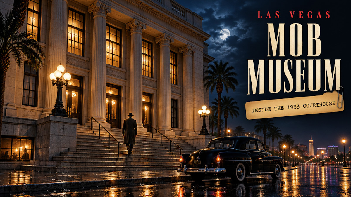 Illustrated 1930s courthouse at dusk with a vintage car and a fedora silhouette for the Mob Museum in Las Vegas