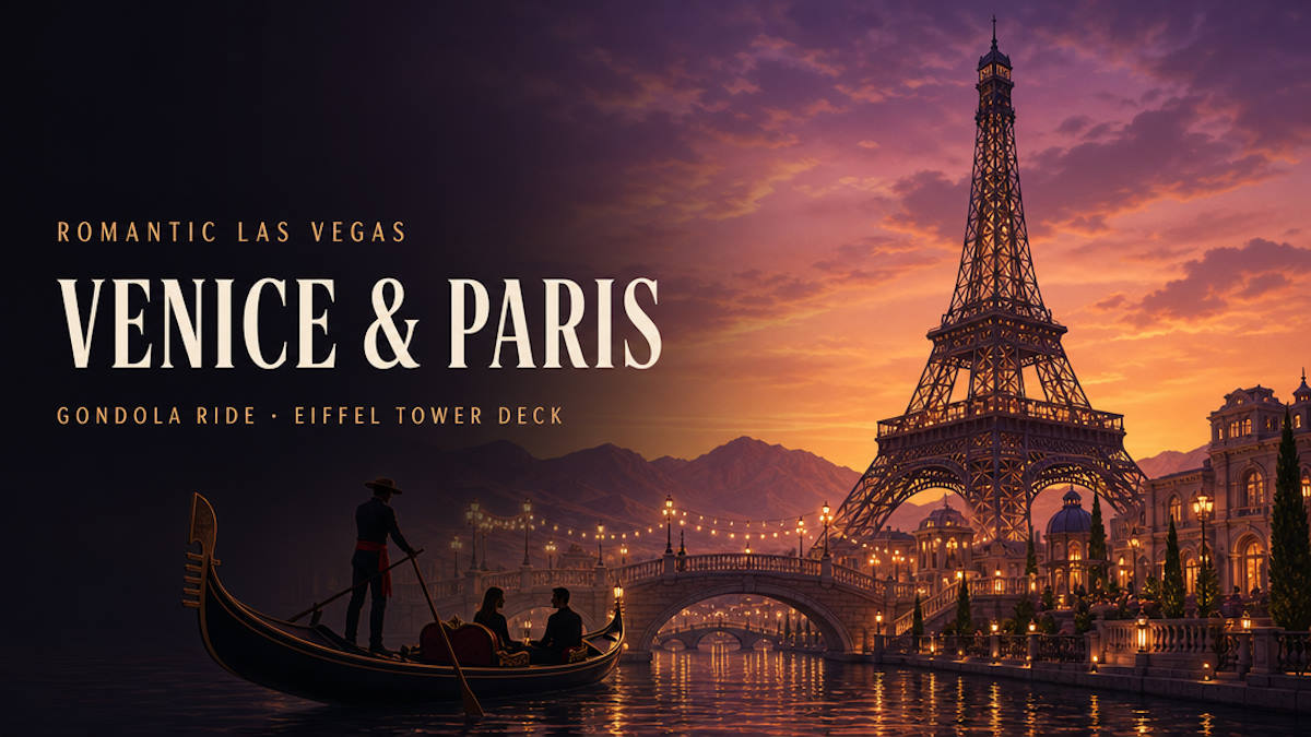 Romantic Las Vegas landmarks: the Venetian gondola on the Grand Canal and the Eiffel Tower Viewing Deck at Paris Las Vegas