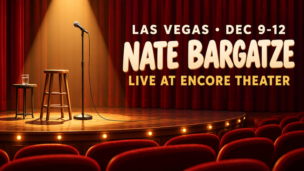 Illustrated theater stage with a single microphone stand in a spotlight and rows of red velvet seats
