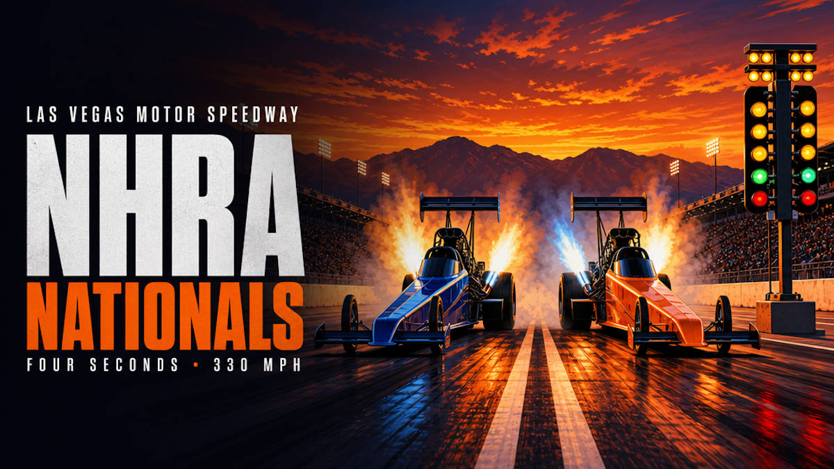 Illustrative editorial header for a drag racing event at Las Vegas Motor Speedway