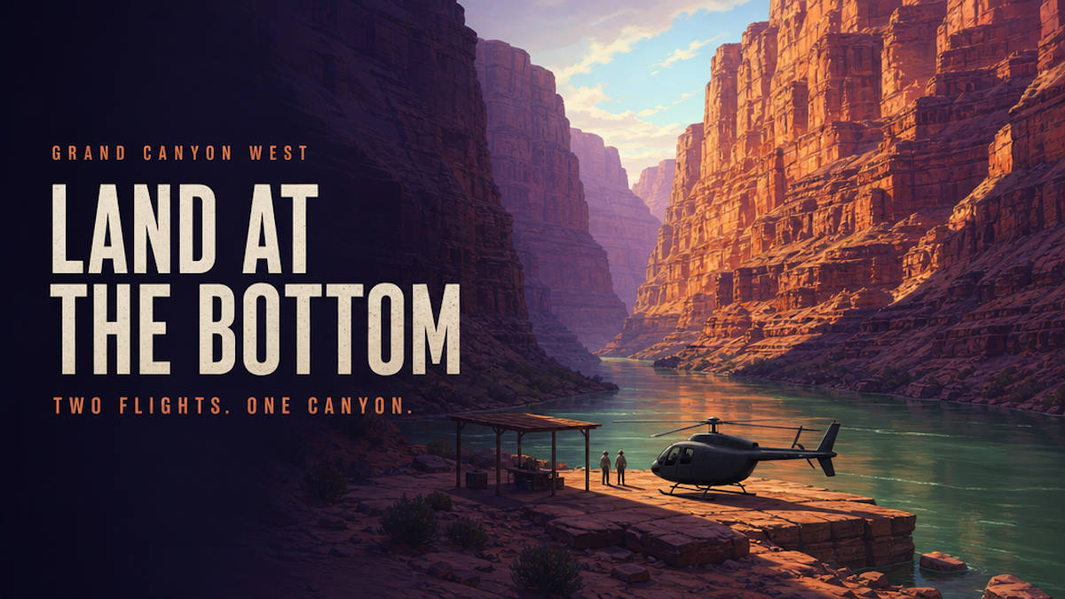 Illustrative editorial header of a helicopter on the floor of a red rock canyon