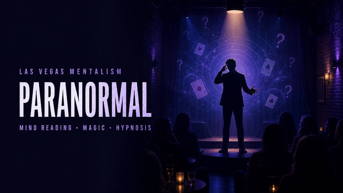 Illustrative editorial header for a Las Vegas mentalism and mind-reading show in an intimate club