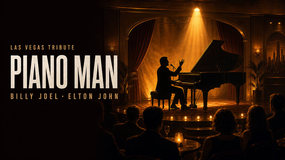 Illustrative editorial header for a Billy Joel and Elton John piano tribute show on the Las Vegas Strip