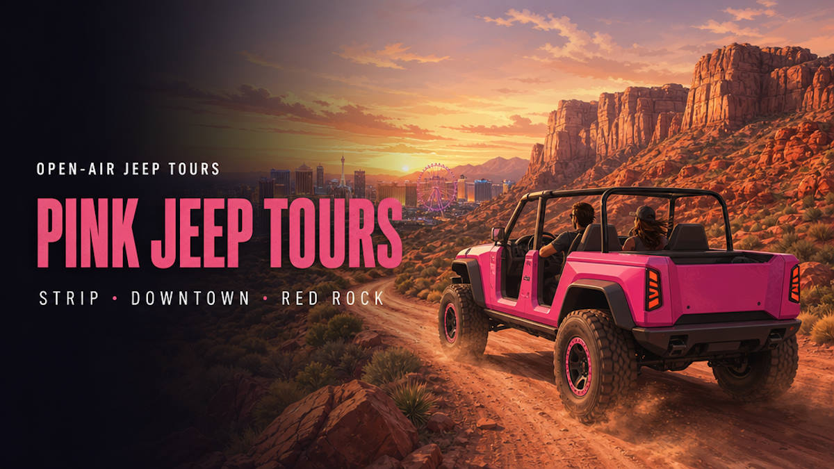 Illustrative editorial header of an open-air pink Jeep tour with the Las Vegas Strip and red-rock desert