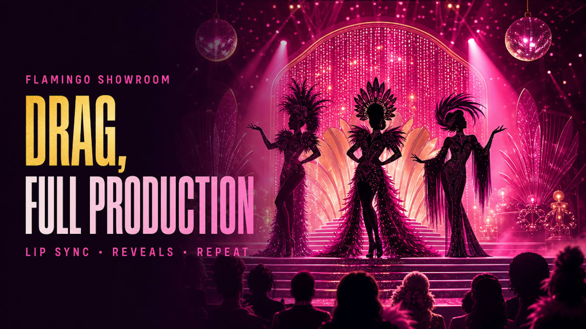 Illustrative editorial header for a drag stage production in a Las Vegas showroom