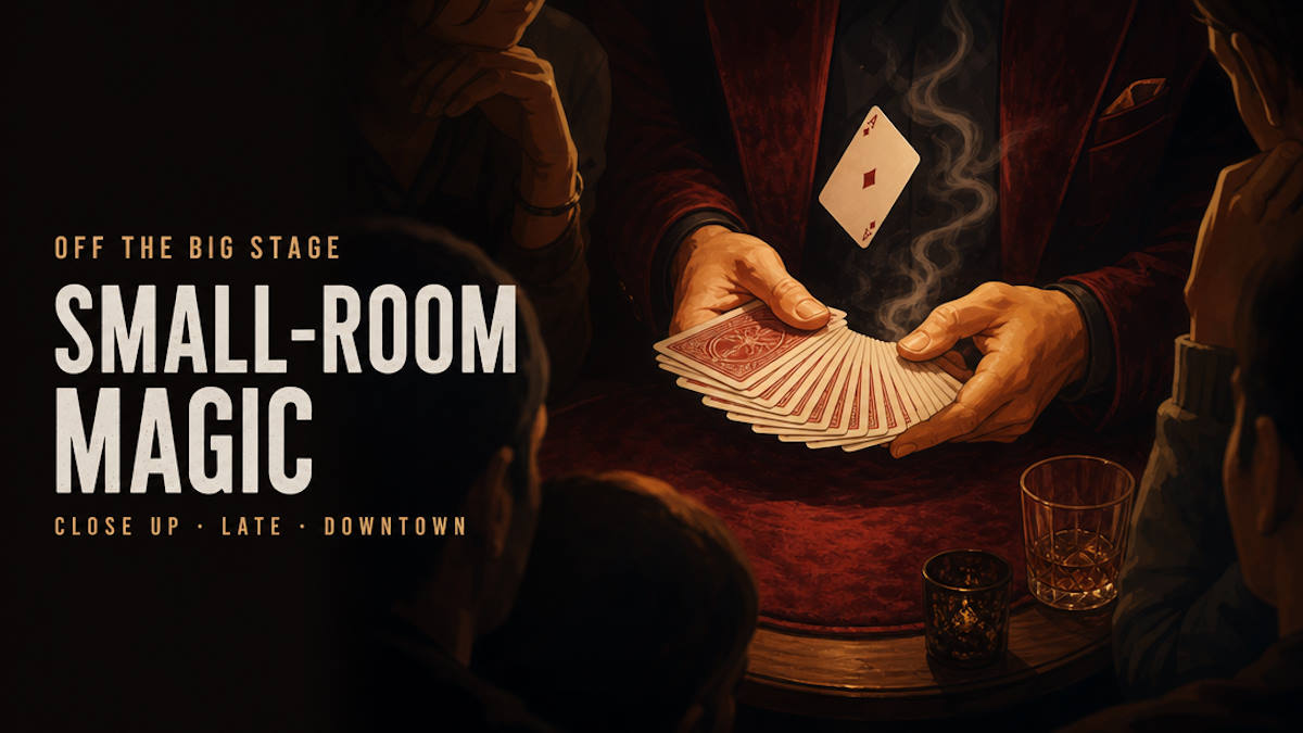 Illustrative editorial header for intimate small-room magic shows in Las Vegas
