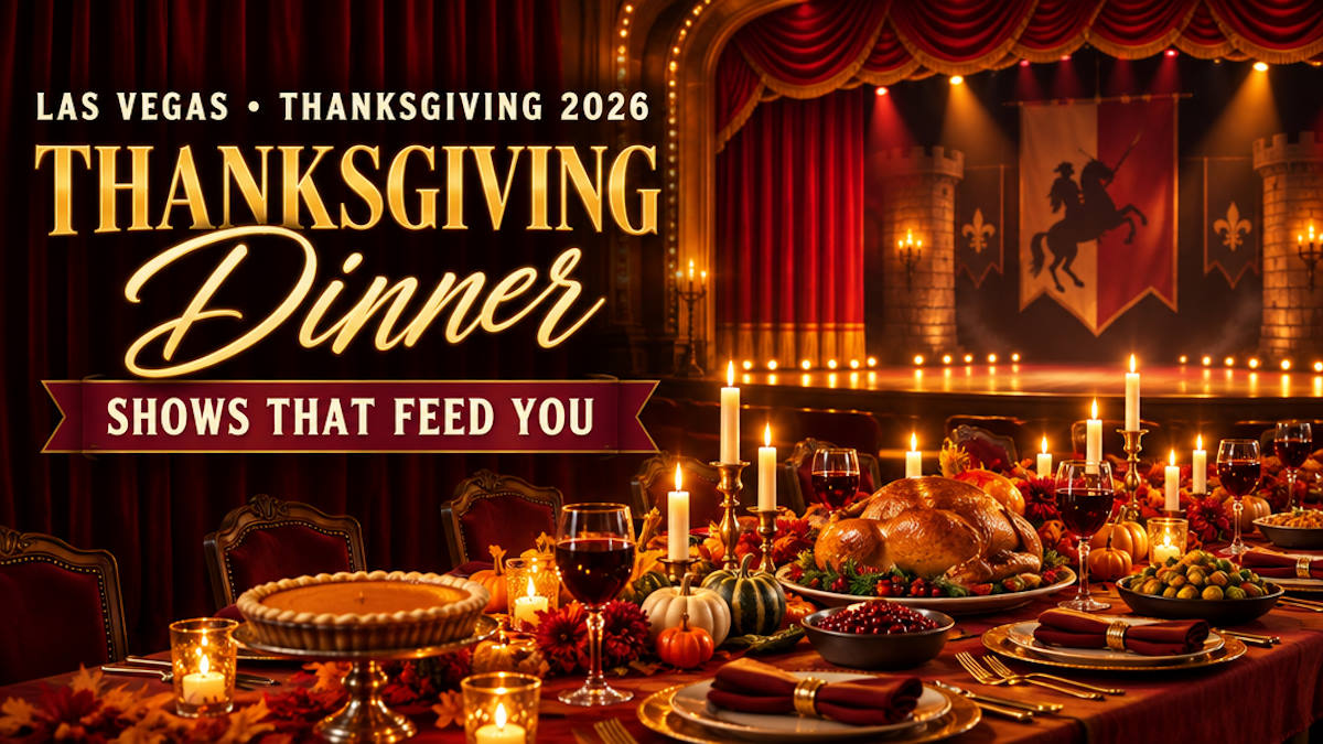 Illustrated long banquet table with a roast feast and candles in front of a glowing theater stage