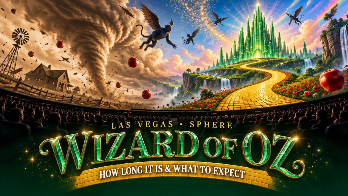 Illustrated yellow brick road winding toward a glowing emerald city inside a giant dome, with a tornado and winged shapes overhead