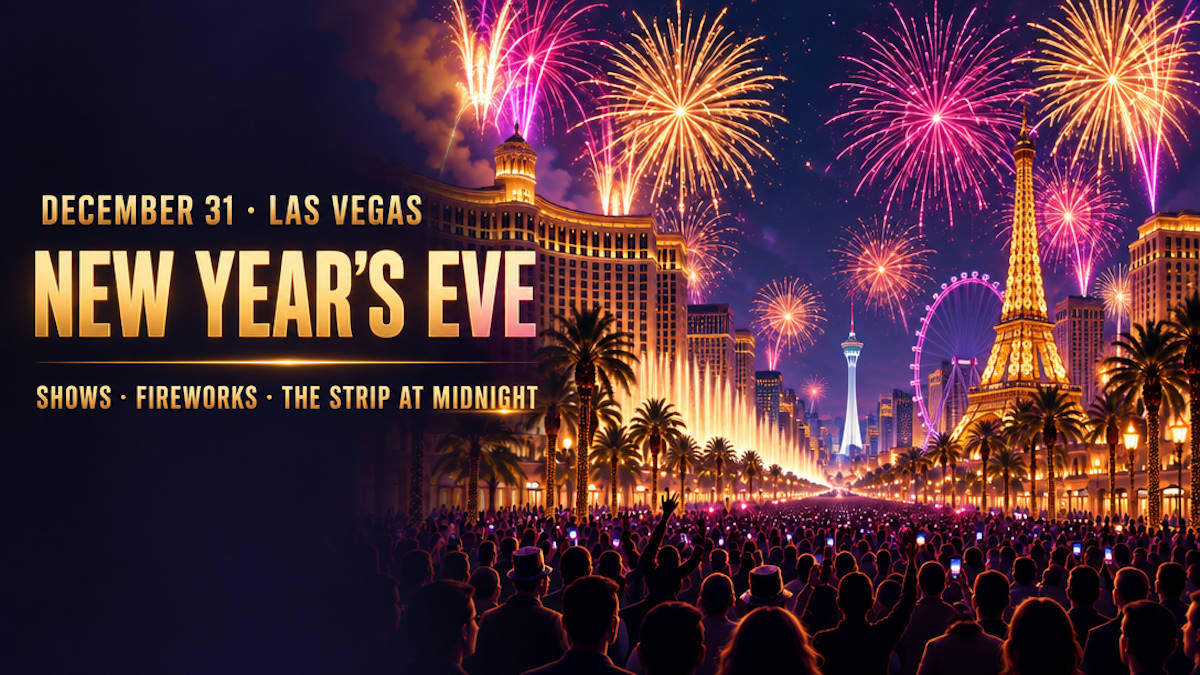 Illustrated fireworks over a crowd on a closed Las Vegas Strip at midnight on New Year's Eve