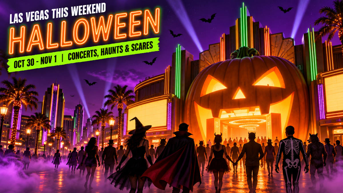 Illustrated Halloween night street with a giant glowing jack-o'-lantern theater entrance and a costumed crowd in purple fog