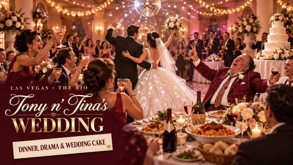 Illustrated Italian wedding reception with a tiered cake, string lights and guests dancing around family-style tables