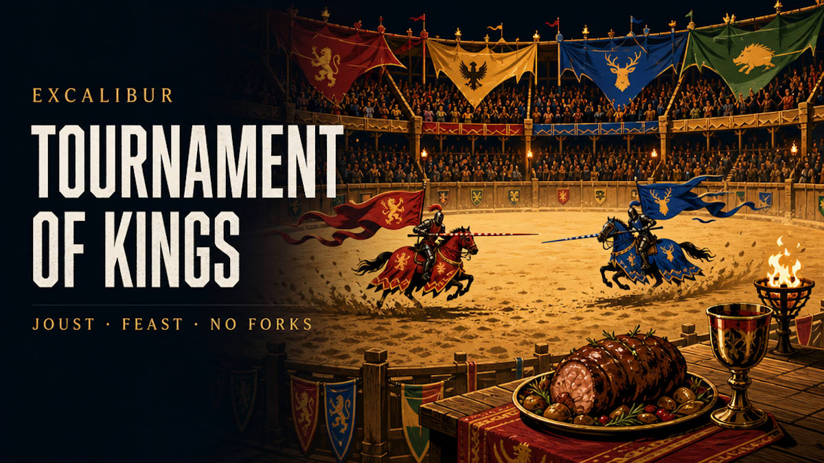Illustrative editorial header for a medieval jousting dinner show in Las Vegas