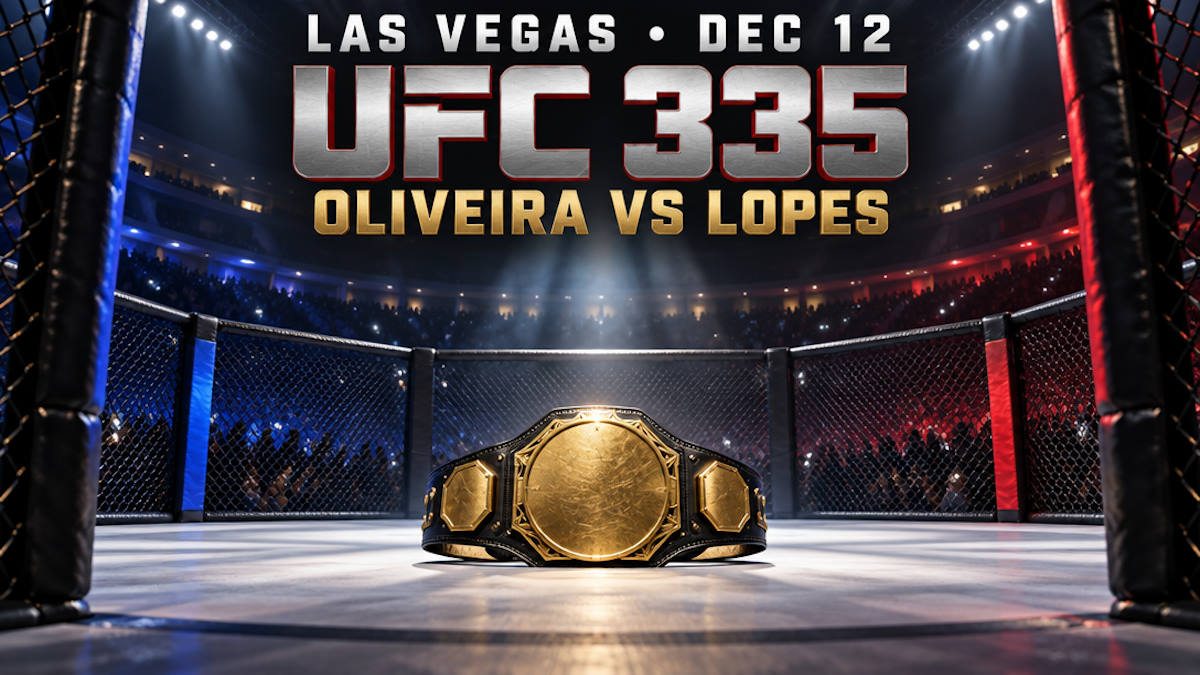 Illustrated empty fight cage under bright arena lights with a crowd in silhouette and a gold belt on the canvas
