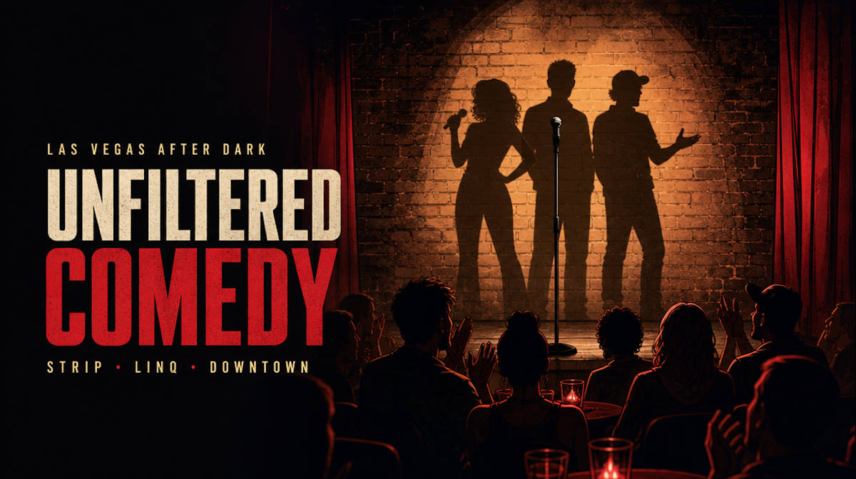 Illustrative editorial header for unfiltered late-night stand-up comedy shows in Las Vegas