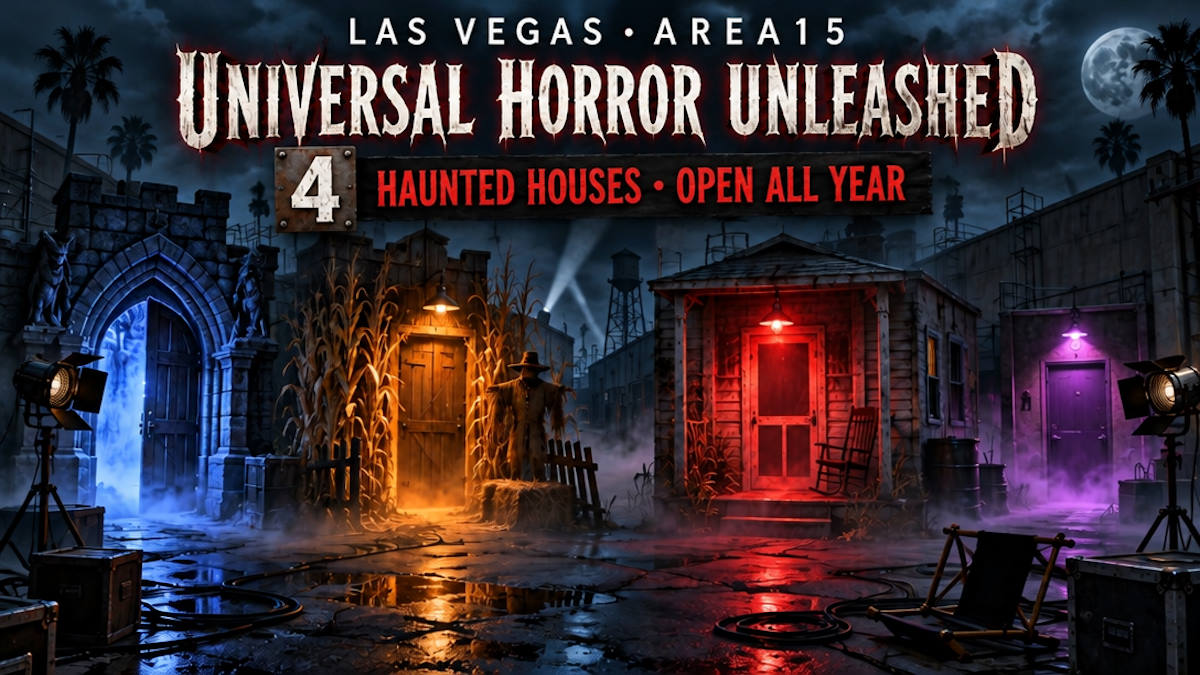 Illustrated abandoned film-studio lot at night with four glowing haunted house doors for Universal Horror Unleashed in Las Vegas