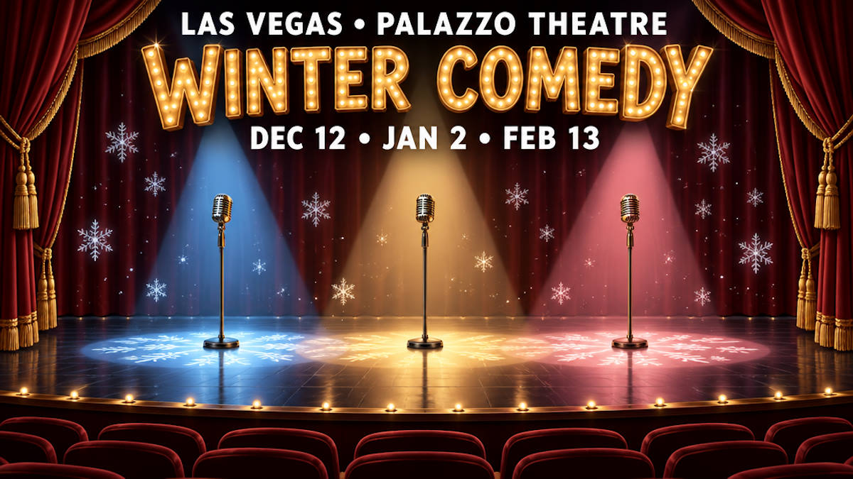 Illustrated theater stage with three microphone stands under winter-blue, gold and pink spotlights