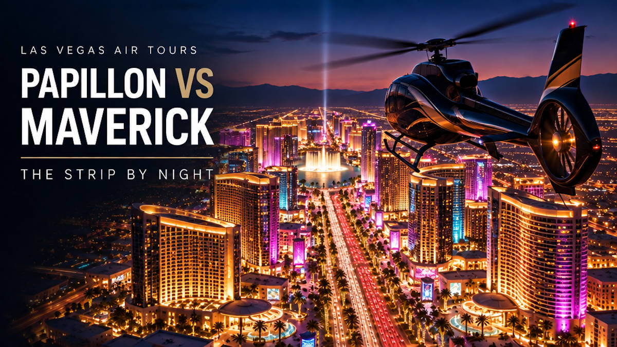 Illustrated helicopter flying over the lit Las Vegas Strip at night