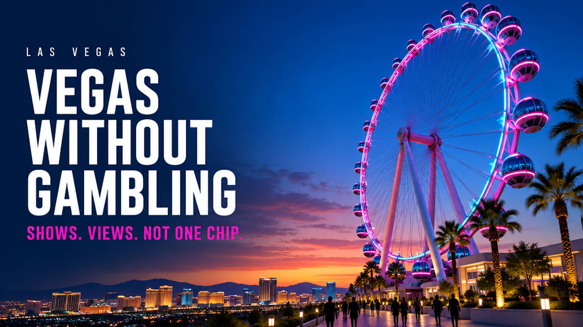 Illustrated observation wheel glowing at blue hour over a Las Vegas promenade for things to do in Vegas besides gambling