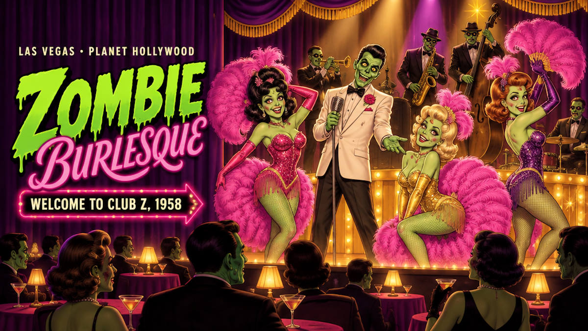 Illustrated 1950s zombie nightclub stage with showgirls in feathers, a swing band and a spotlight