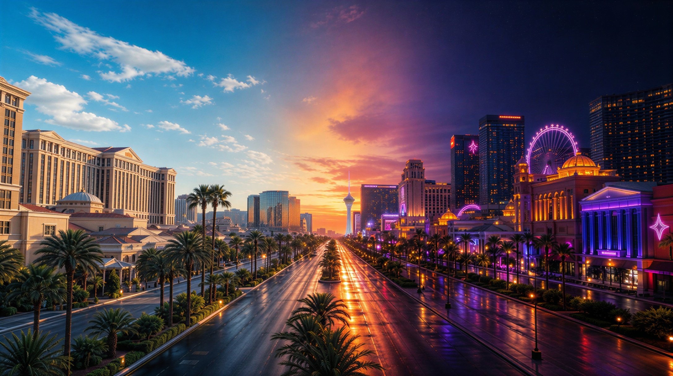 The Las Vegas Strip in a split view: daytime on the left, lit up at night on the right